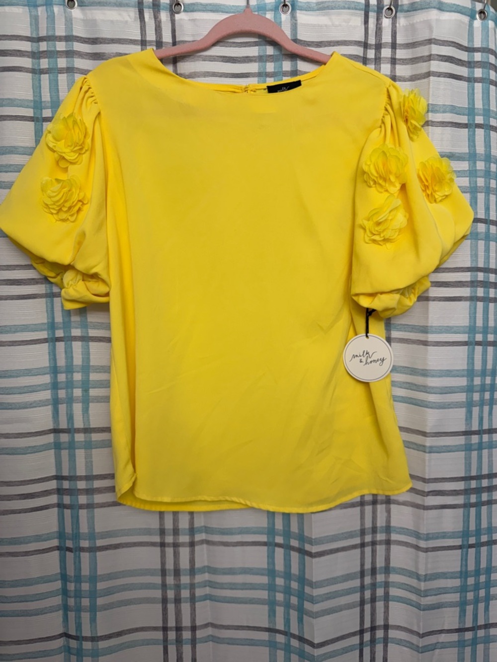 Milk & Honey Yellow Puff Sleeve Floral Appliqué Top